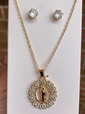 Gold-Plated Necklace & Earring Cubic Zirconia Our Lady of Guadalupe Pendant
